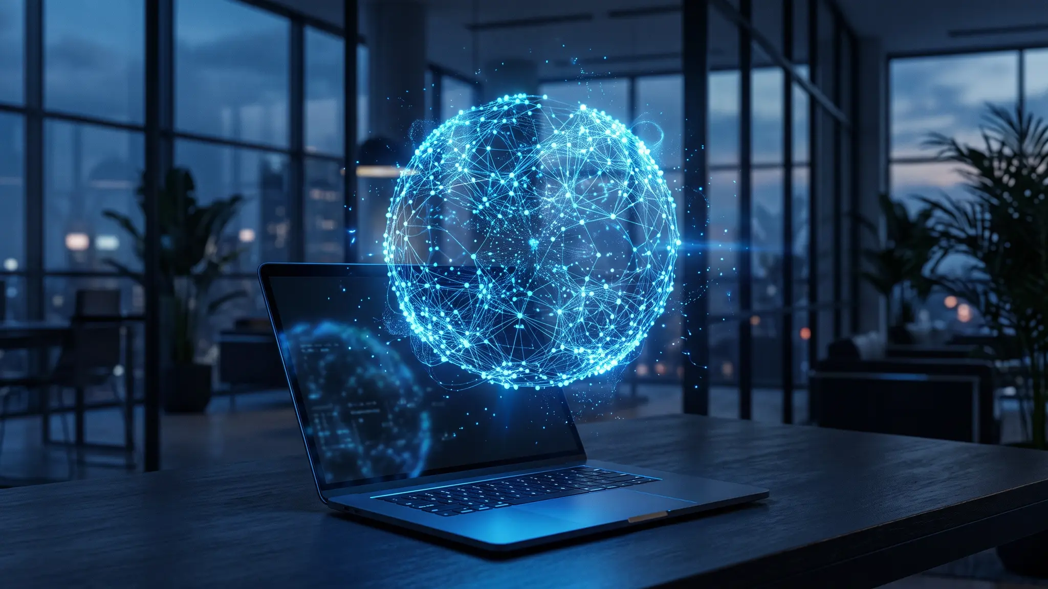 A glowing abstract blue neural network sphere hovering above an open laptop in a dark modern office
