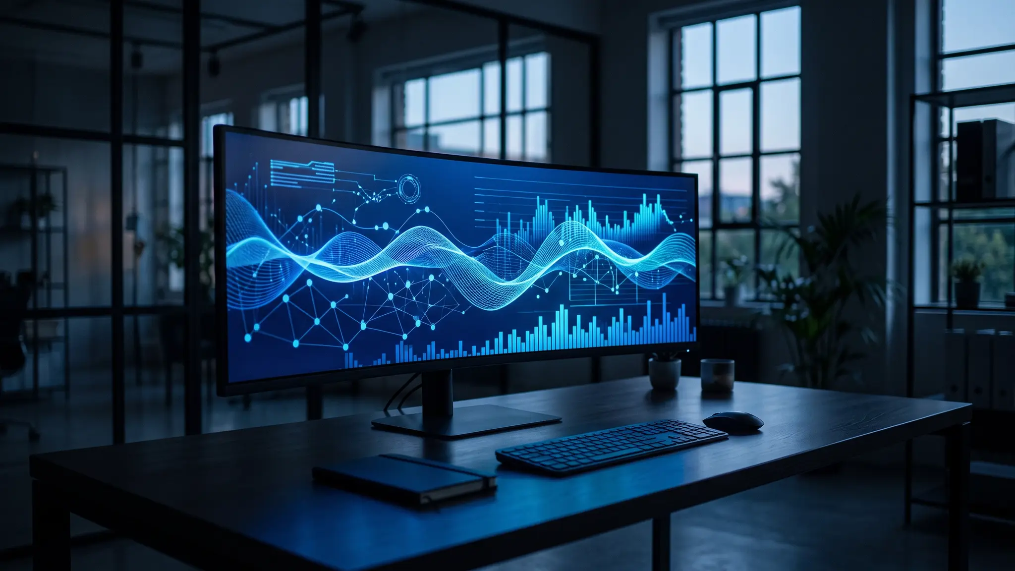 A wide monitor in a dark office showing abstract blue analytics charts and graphs