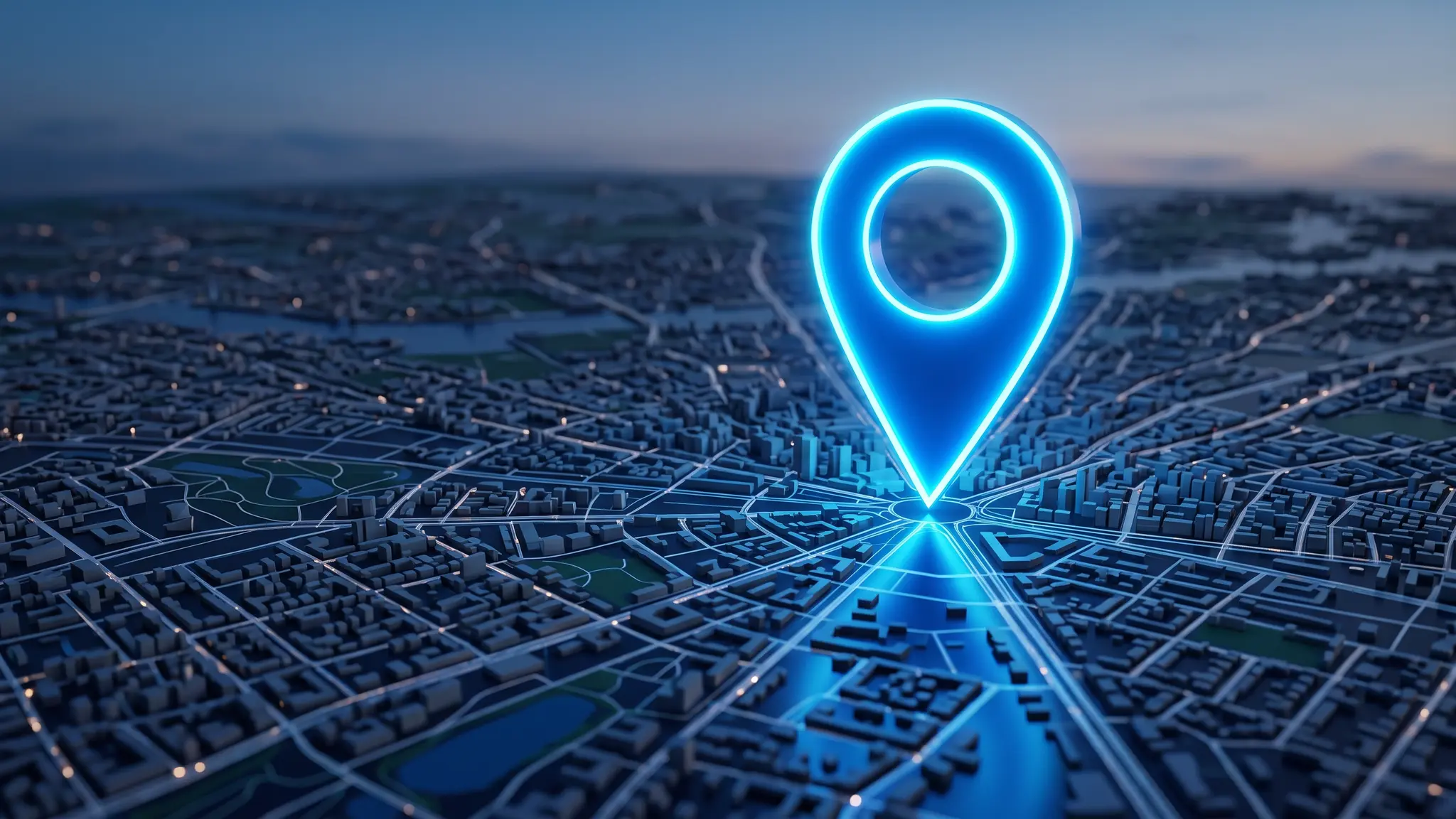 A giant glowing blue map pin standing on a detailed street map of a city at dusk