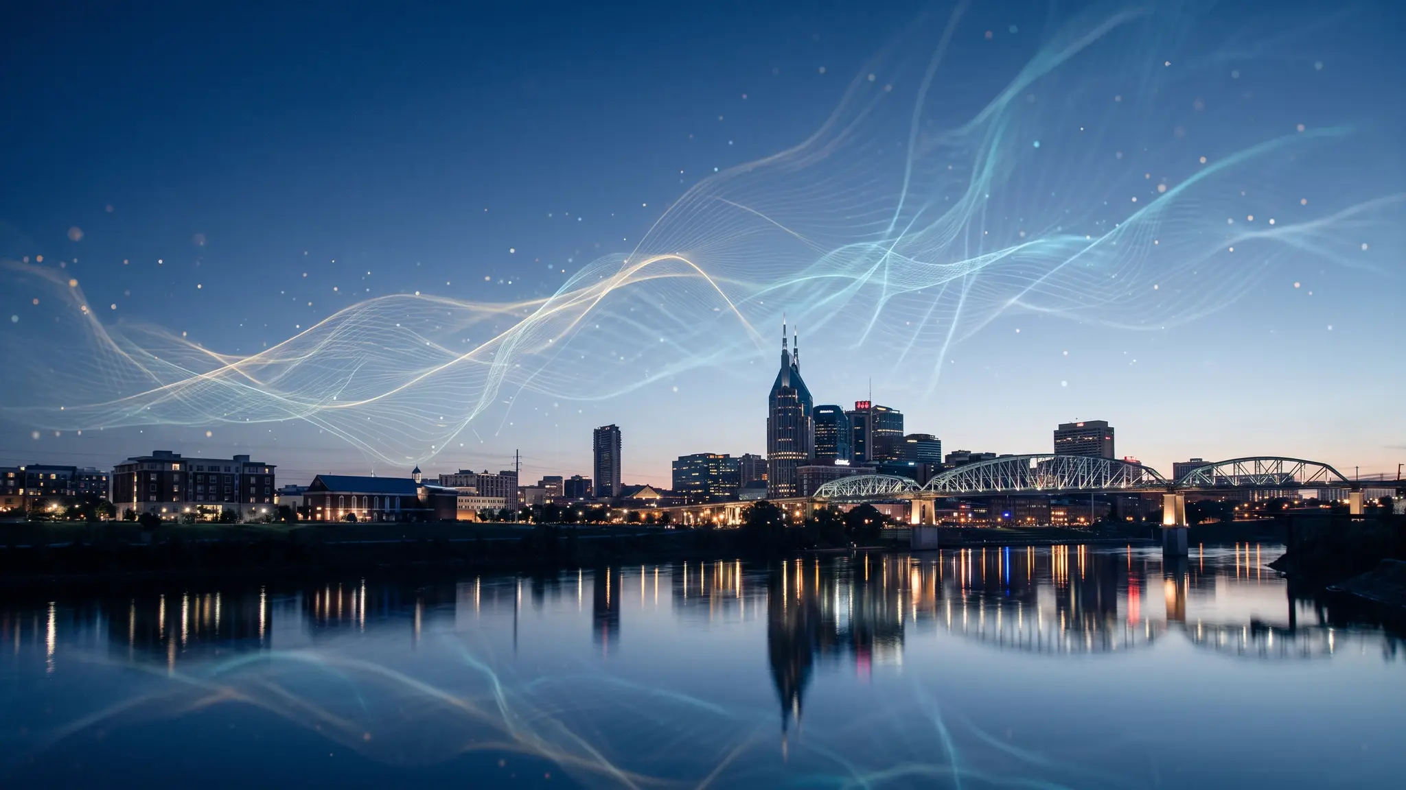 The Nashville, Tennessee skyline at blue hour reflected in the Cumberland River with a soft glowing network of light lines rising above the city