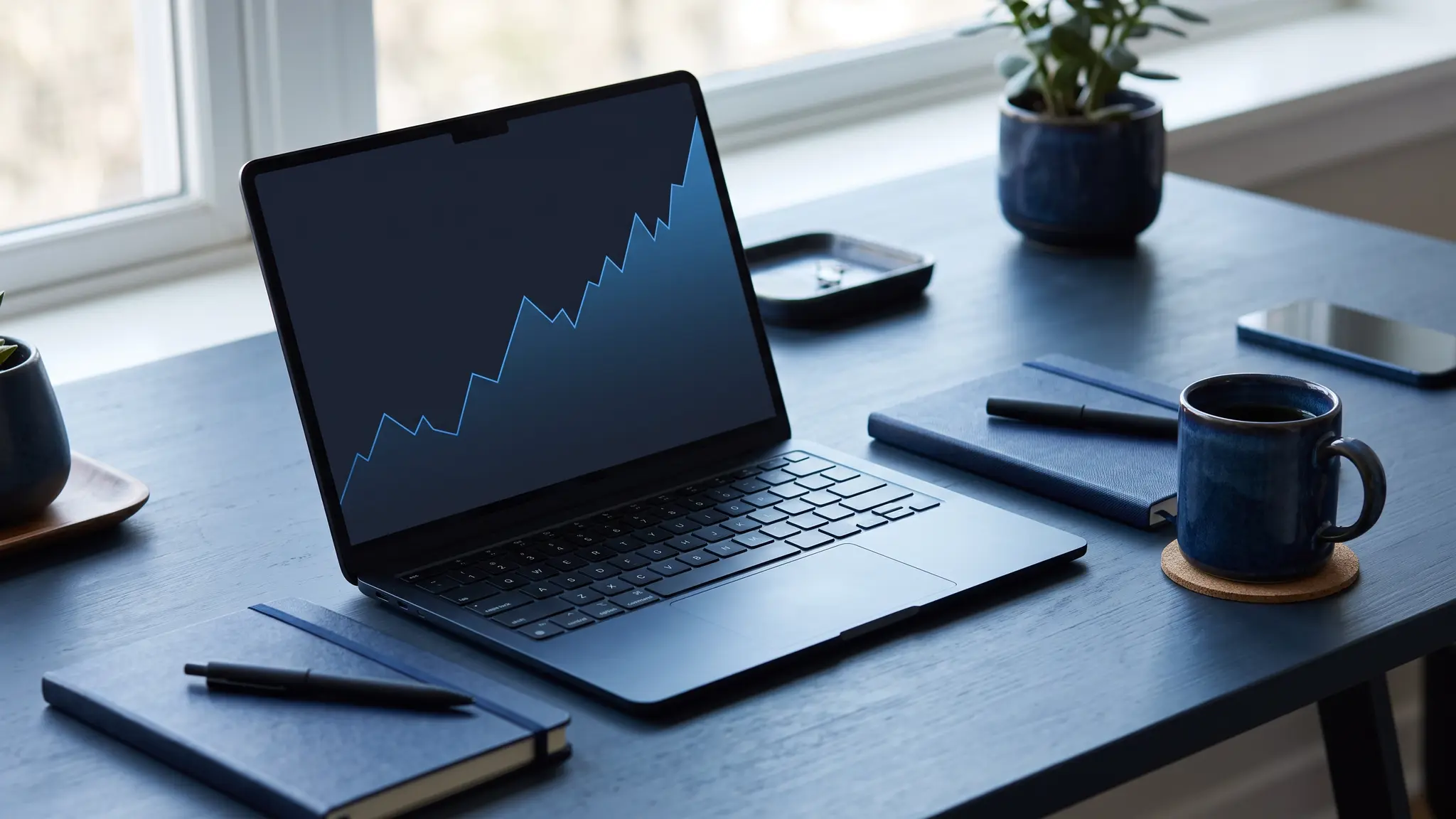 A modern desk with a laptop showing an abstract rising blue line graph, a notebook and a coffee cup in soft window light