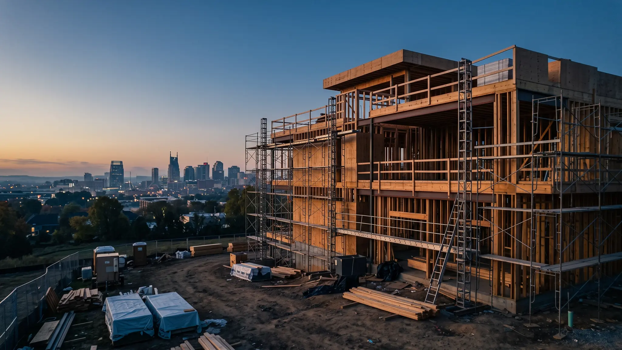 A modern home under construction at golden hour with wood framing and scaffolding and the Nashville skyline in the distance