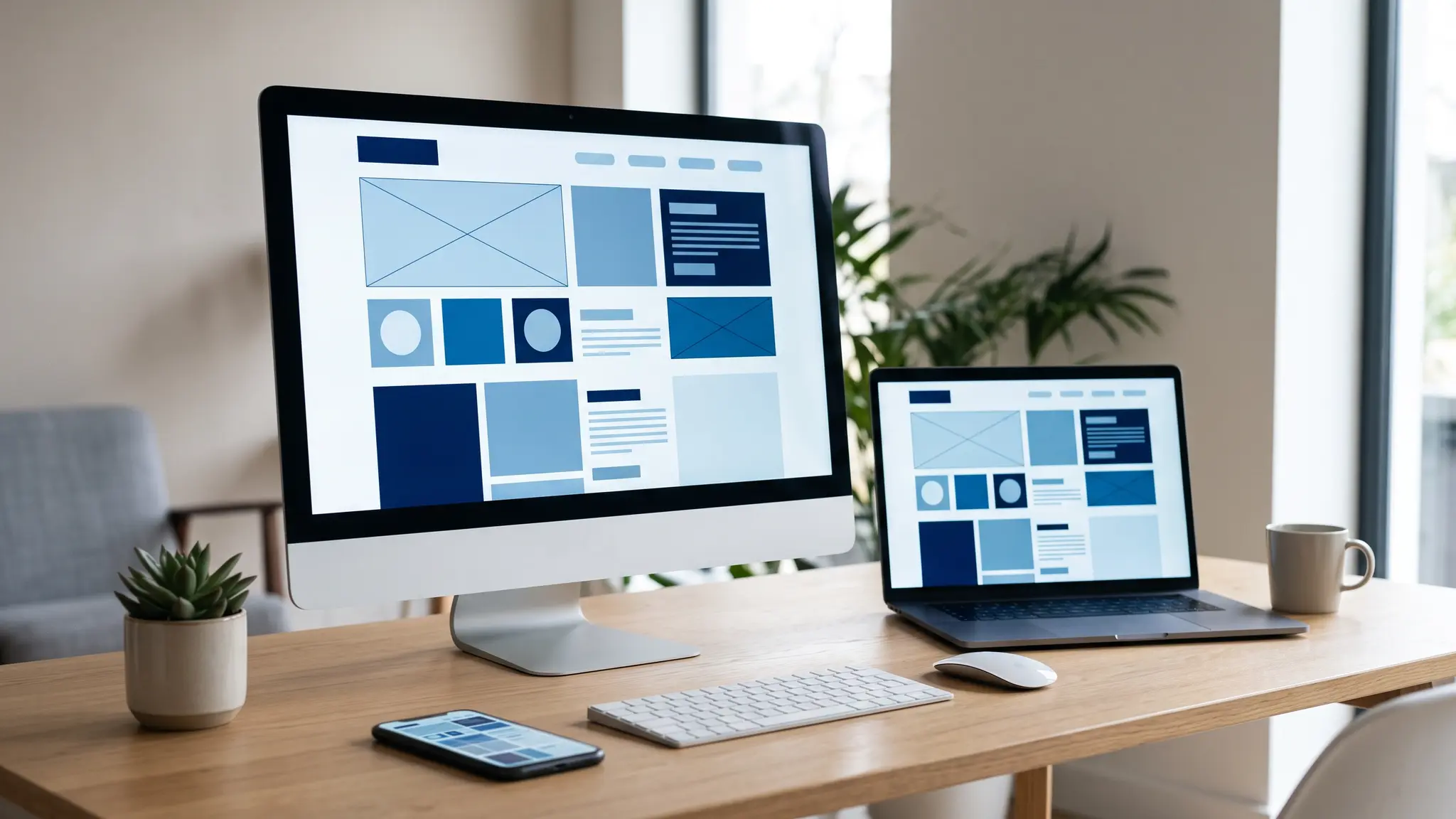 A desktop monitor, a laptop and a phone on a clean desk, each showing an abstract blue and white website layout