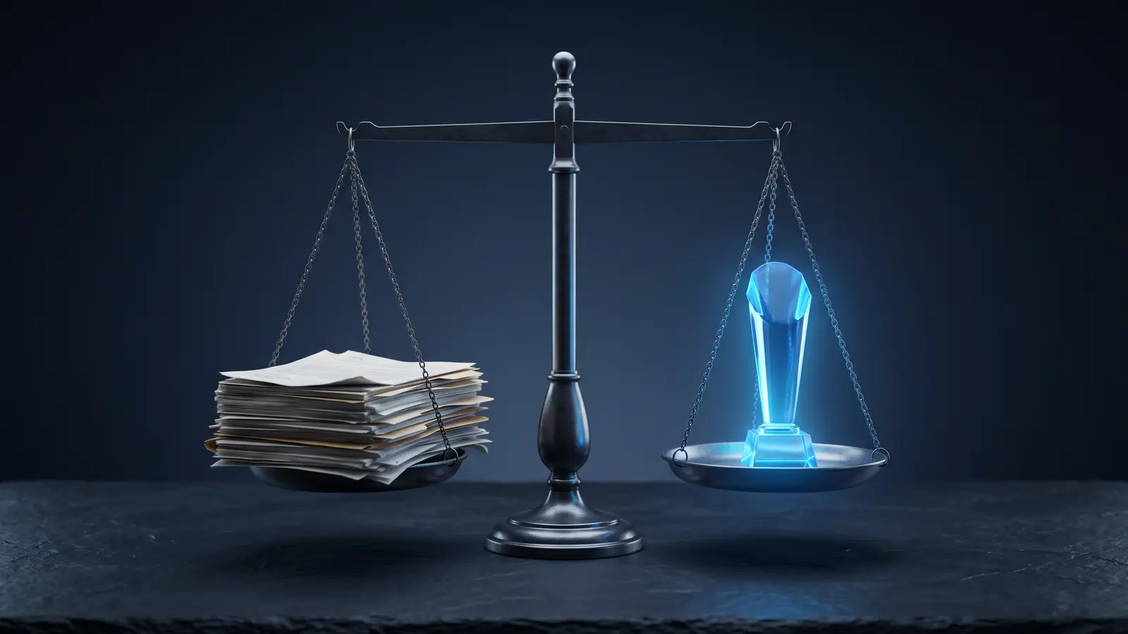 A balance scale with a thick stack of paper reports on one side and a single glowing blue trophy on the other against a dark navy backdrop