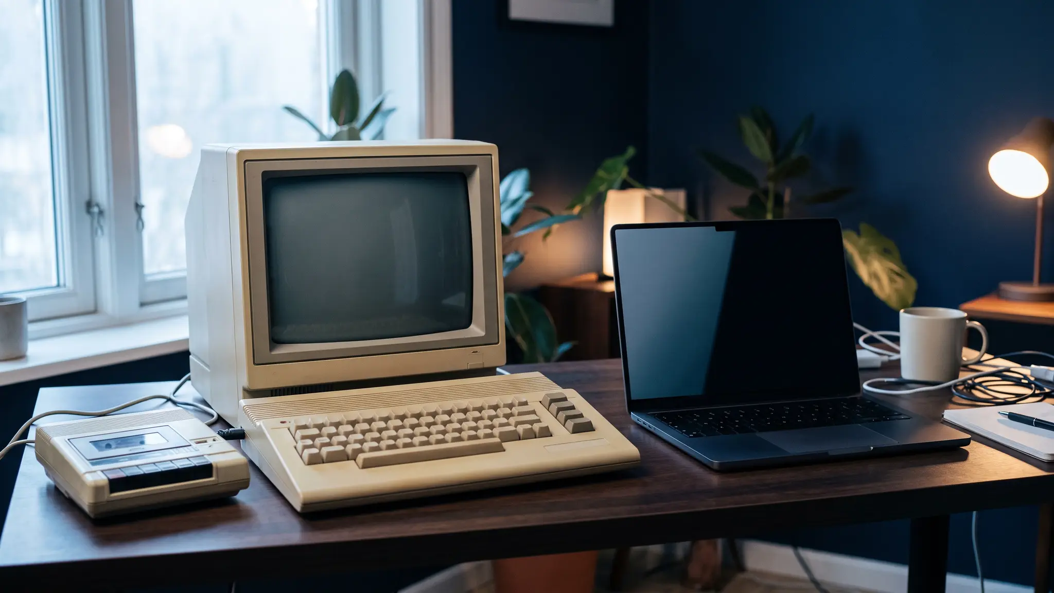 A vintage beige 1980s home computer with a cassette tape drive on a desk beside a modern laptop in warm light