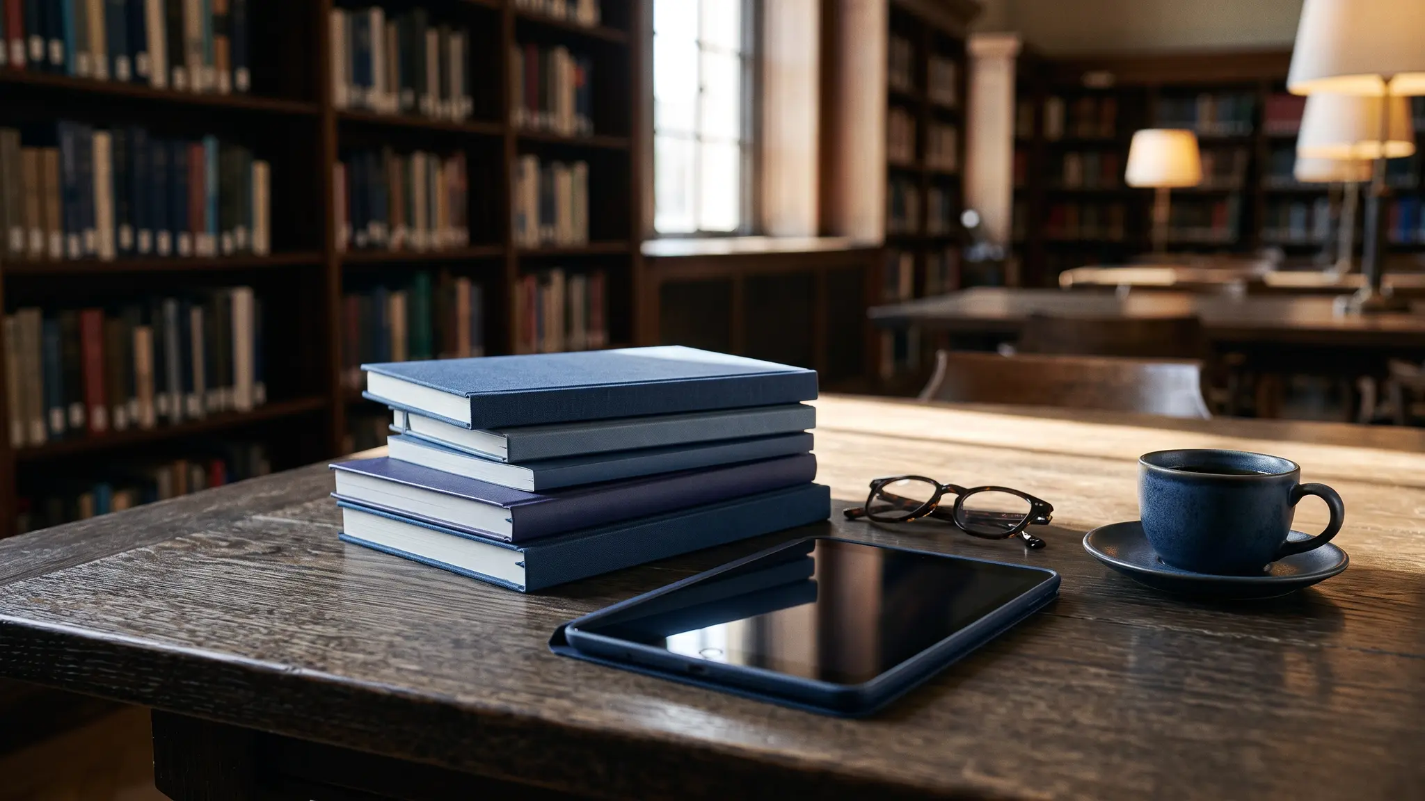 SEO FAQ | Top Search SEO A stack of notebooks and a tablet on a wooden table beside a coffee cup and reading glasses in warm light
