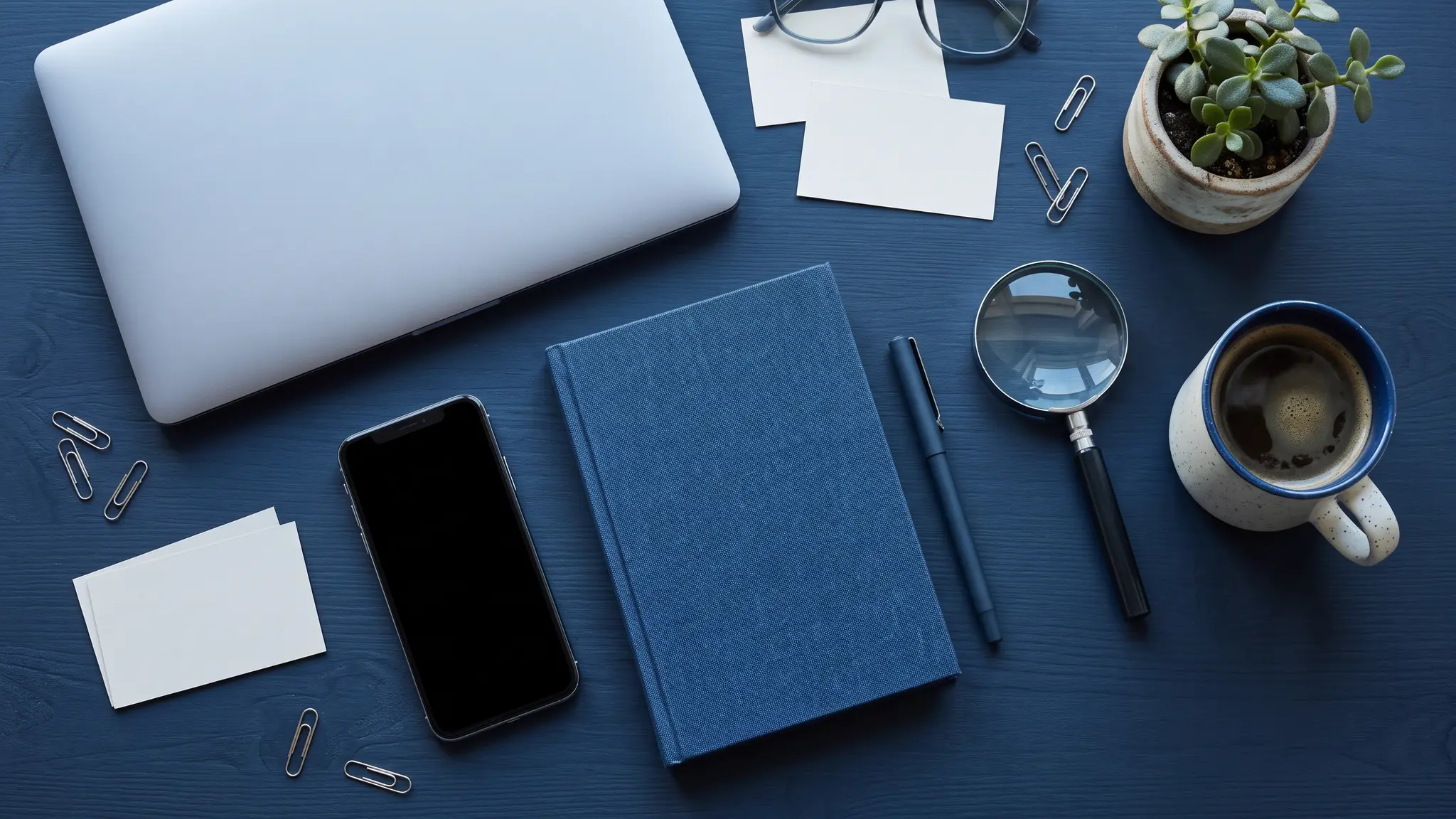 SEO situations and comparisons | Top Search SEO A flat lay of marketing tools on a navy desk: a laptop, a smartphone, a magnifying glass, a notebook, a coffee cup and a small plant