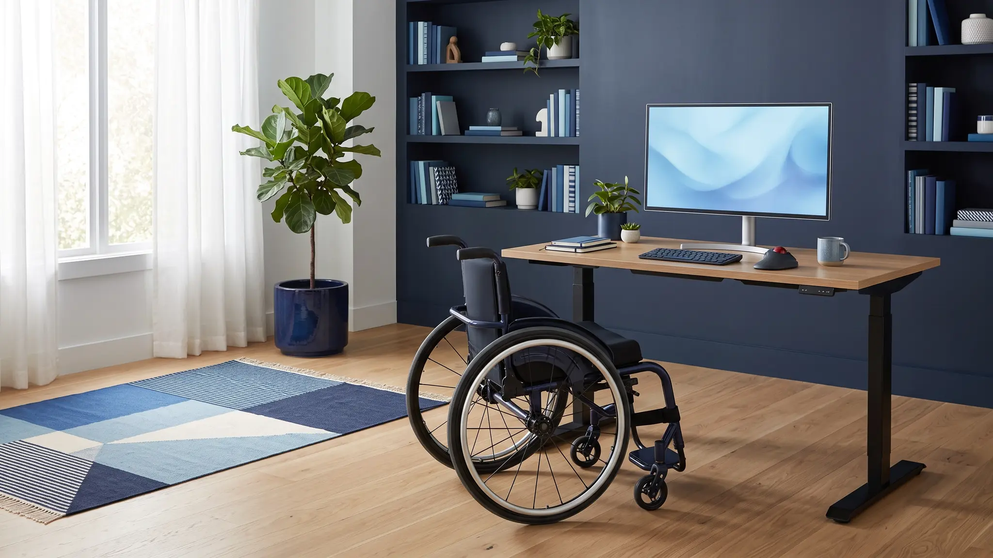 Our team | Top Search SEO Nashville A bright wheelchair-accessible home office with a lowered adjustable desk, a large monitor, an ergonomic trackball mouse and open floor space in soft daylight