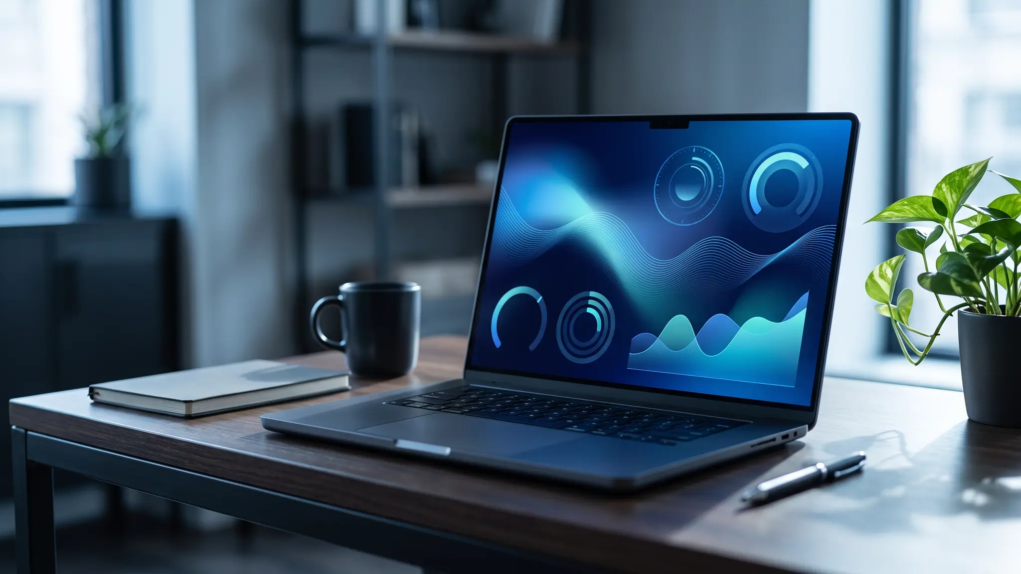 Free SEO tools | Top Search SEO A modern desk with a laptop showing abstract dials, gauges and gradient charts in blue light