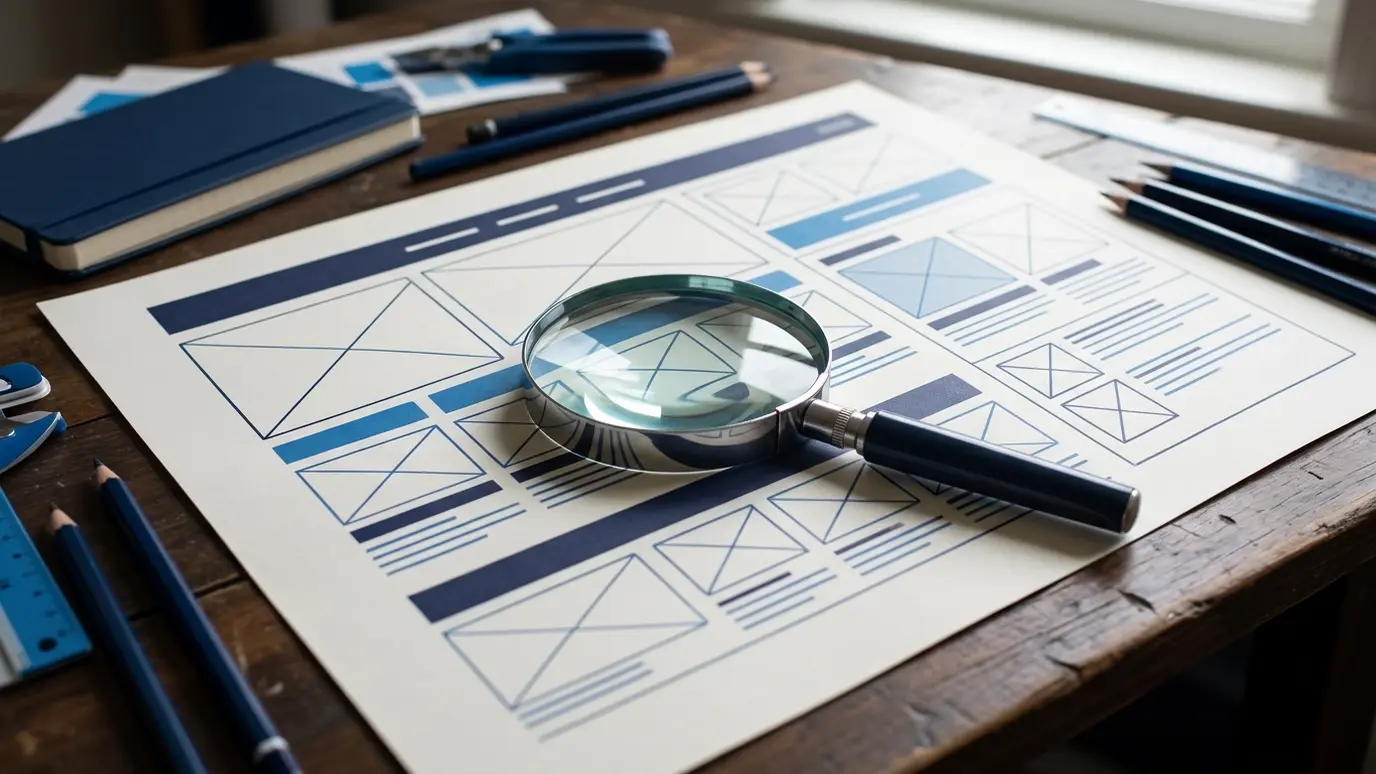 A magnifying glass over a printed website wireframe on a desk with blue accents