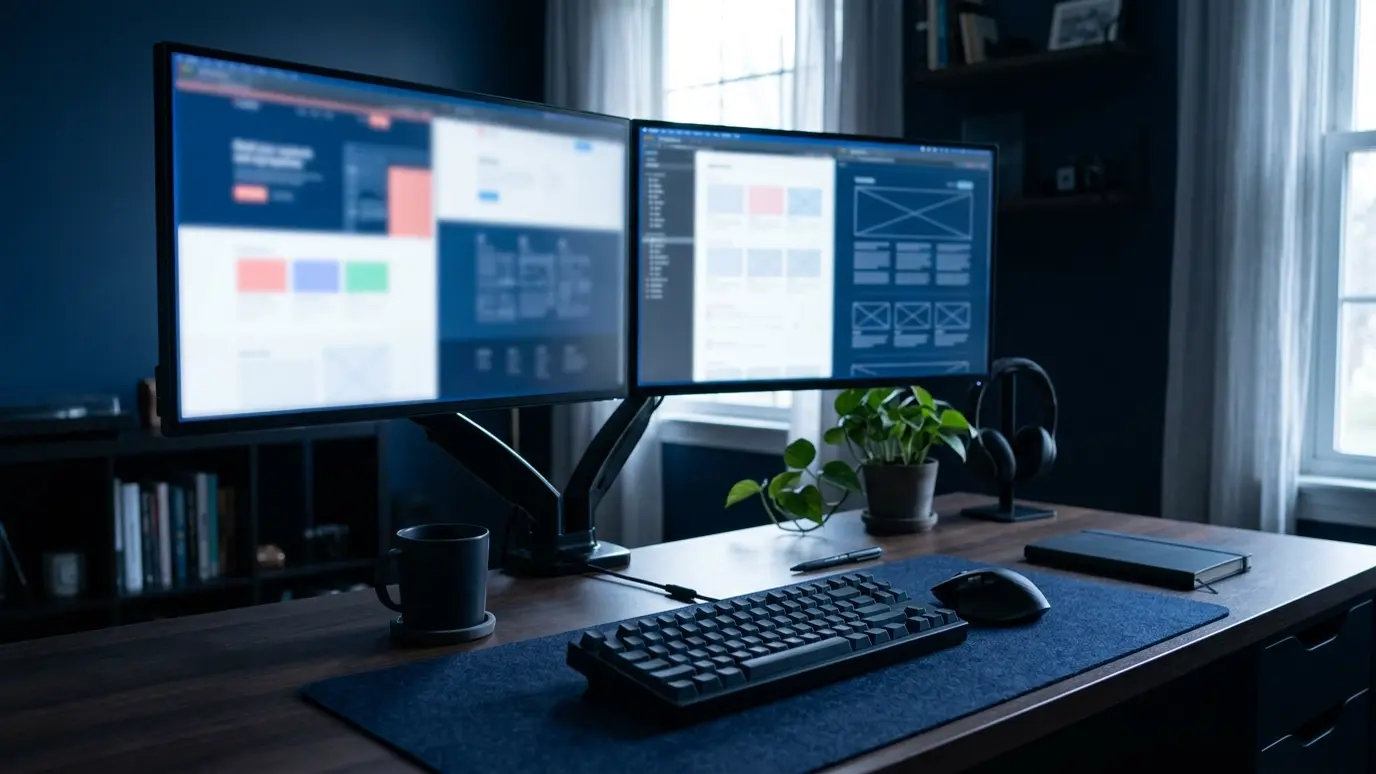 A developer desk with two monitors showing blurry abstract page layouts and a keyboard