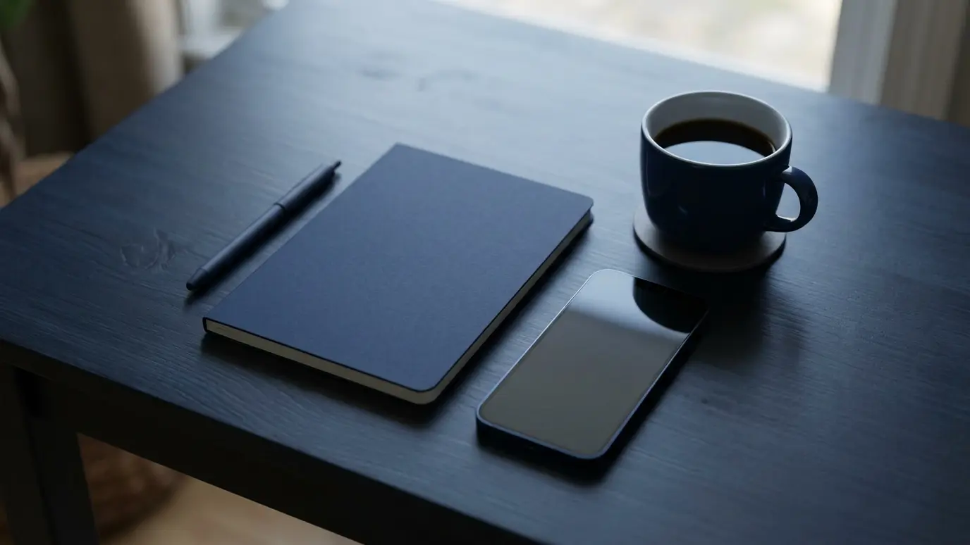 A smartphone and a notepad on a desk beside a coffee cup in soft light