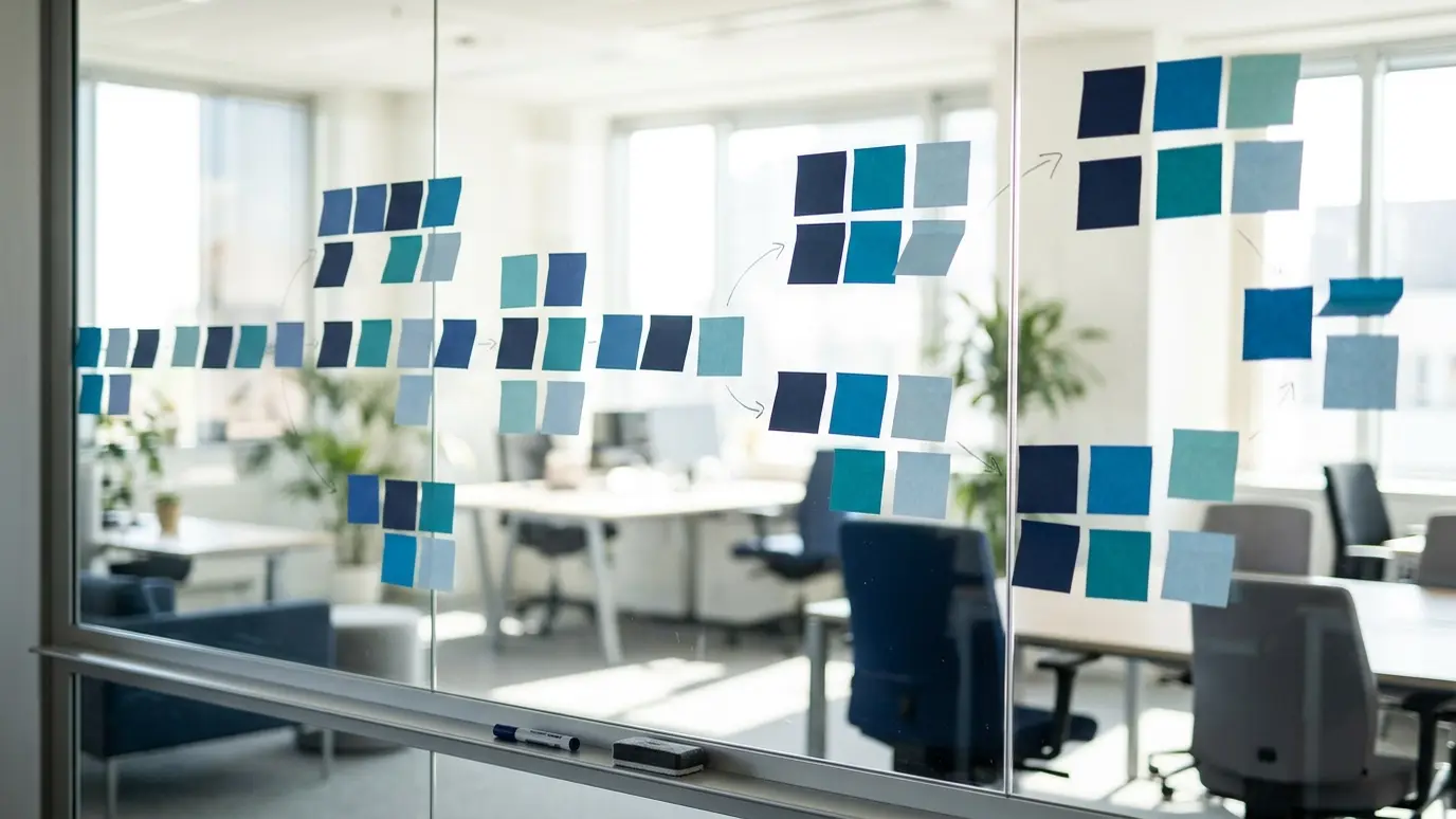 A glass wall with blank sticky notes arranged as a roadmap and a marker on the ledge in a bright office