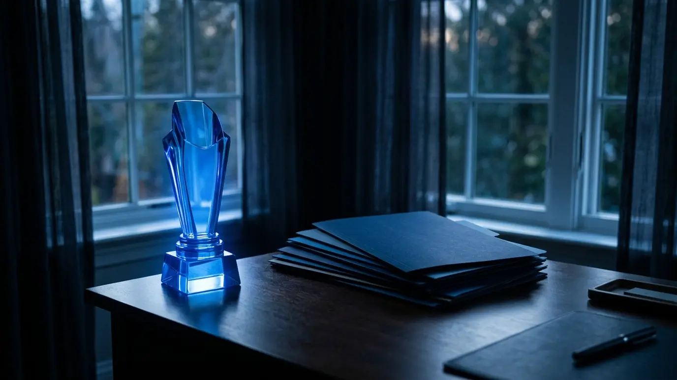 A glowing blue trophy and a stack of closed folders on a desk by a window