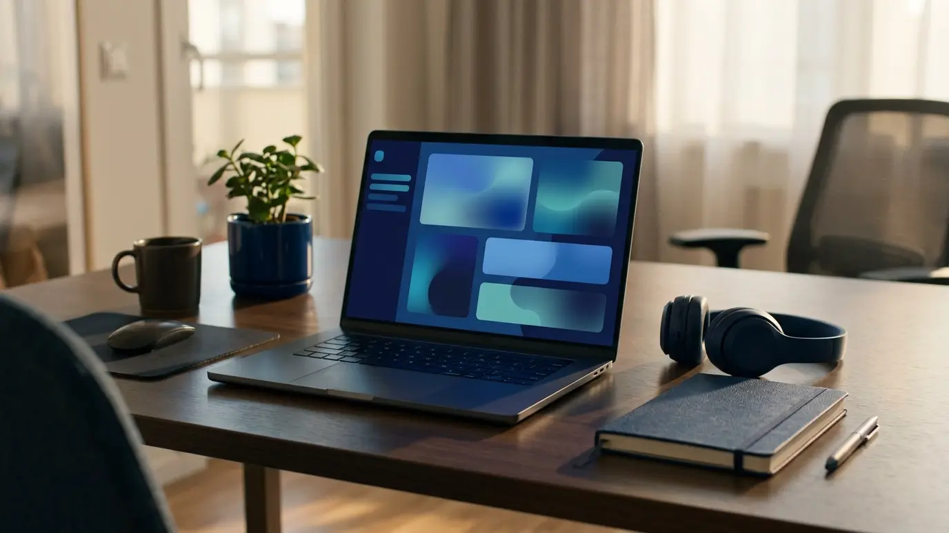A tidy desk with a laptop open to an abstract blue dashboard, headphones and a notebook in afternoon light