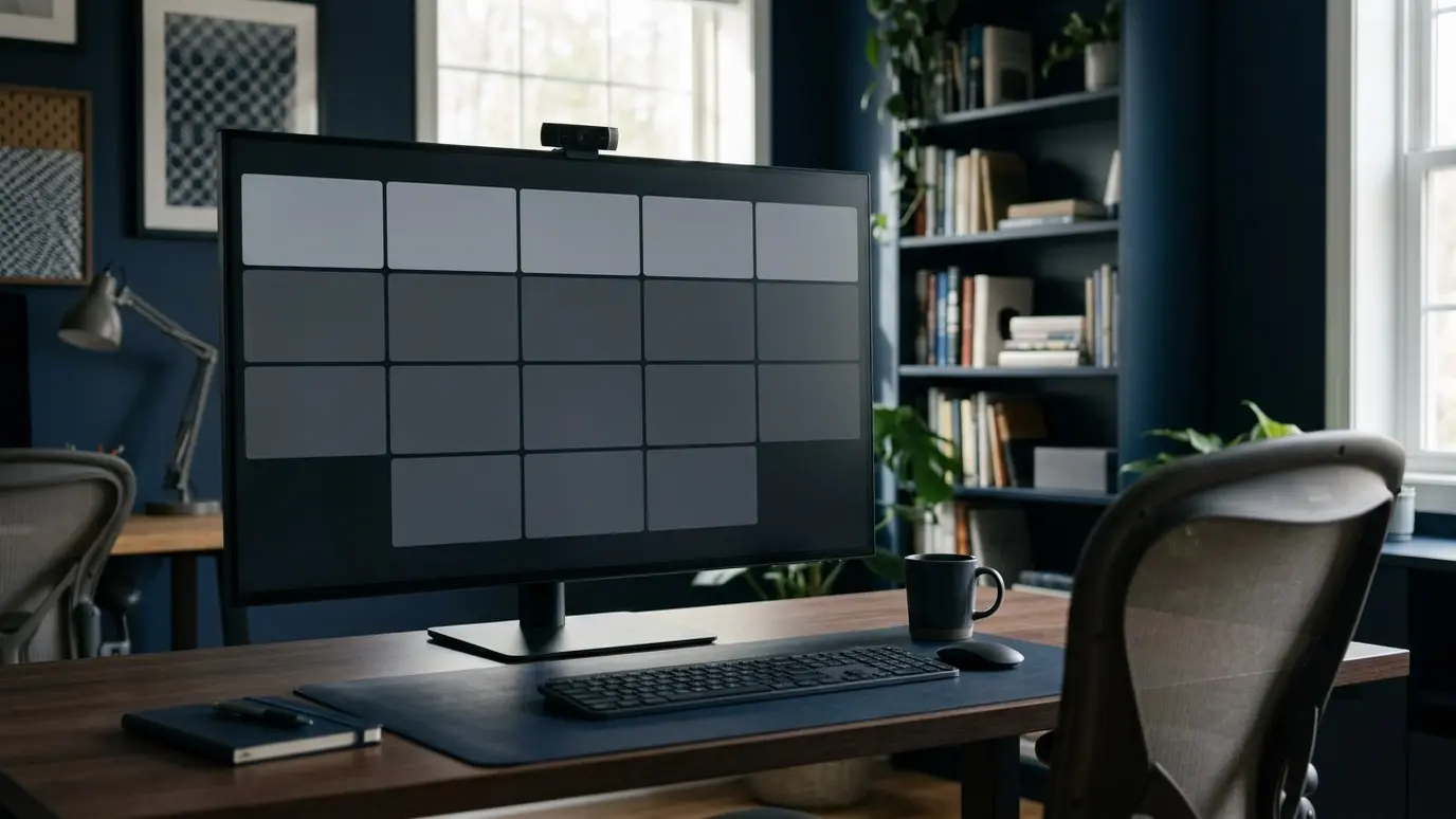 A large monitor on a desk in a home office showing an empty video meeting grid of blank gray tiles
