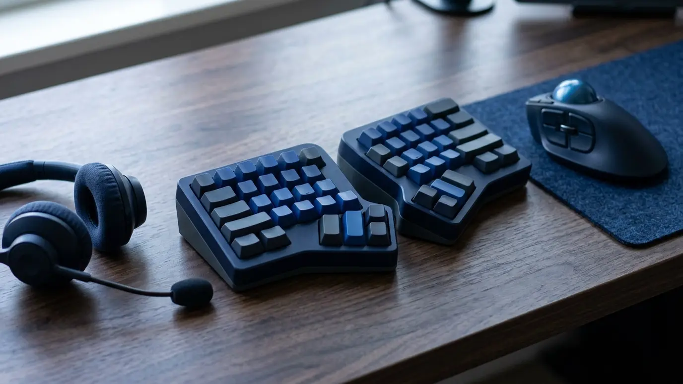 Adaptive workspace | Top Search SEO A close-up of an adaptive ergonomic keyboard and a trackball mouse on a desk beside a voice-control headset