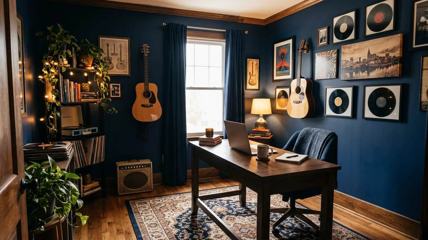 Nashville home office | Top Search SEO A cozy Nashville music-city themed home office with an acoustic guitar on the wall and a laptop on the desk in warm light