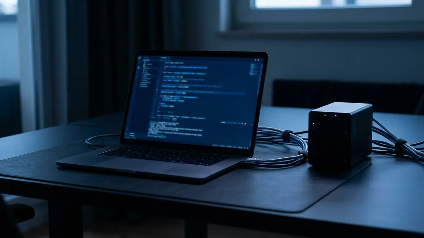 A laptop on a desk showing blurred abstract code lines in blue, beside a small server and neat cables