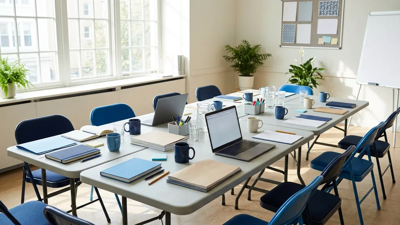 A table with notebooks, laptops and coffee mugs set up for a volunteer workshop in a bright community room