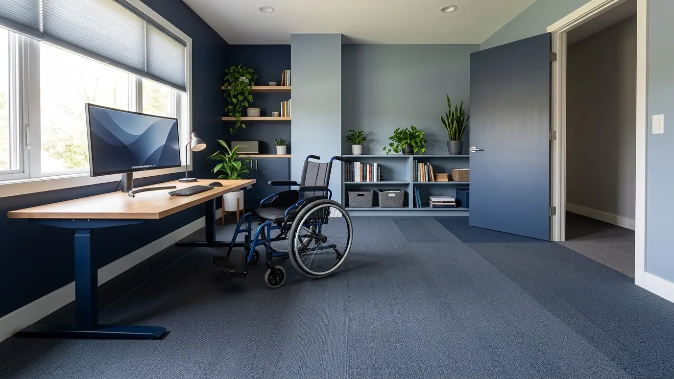 A wide view of a wheelchair-accessible home office with a lowered desk, a large monitor and open floor space in soft daylight